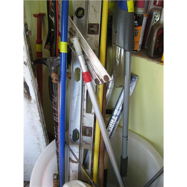 LOT OF MISC. - LEVELS, DOOR SWEEPS, PANES, OLD METAL DETECTOR, ETC.