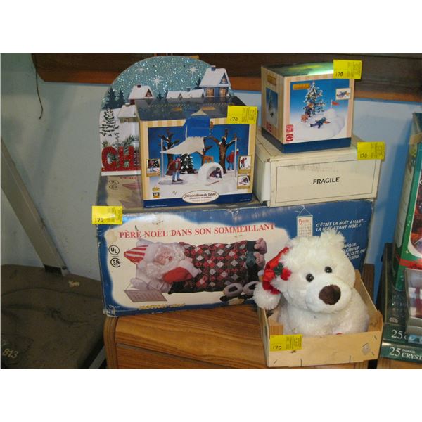 4 BOXES & A STUFFED WHITE DOG - XMAS ITEMS