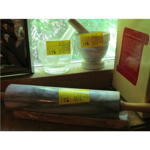 MARBLE ROLLING PIN & 2 MORTAR & PESTALS