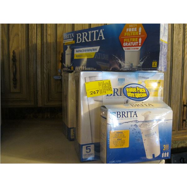 2 - BRITA WATER CONTAINERS W/FILTER PACKS & A NEW FILTER PACK