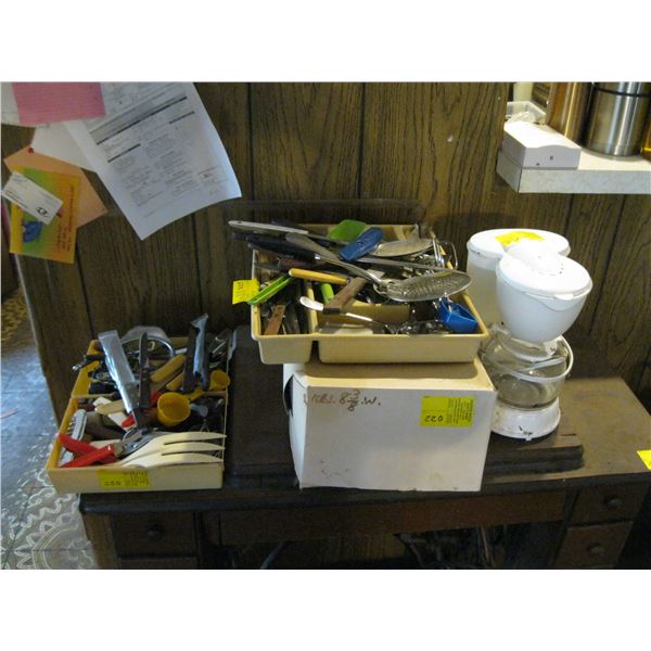 LARGE LOT OF ASSORTED KITCHEN UTENSILS, CUTLERY, COFFEE MAKER, BEESWAX, ETC.