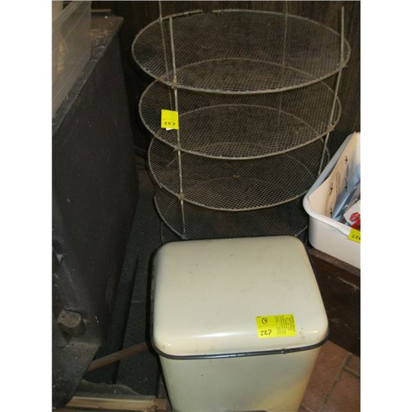 STEP GARBAGE CAN, WIRE ROUND RACK & WOODEN CRATE BOX W/HANDLES