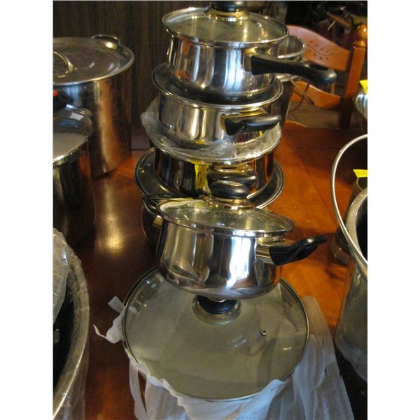 SET OF 'HAPPY HOME' STAINLESS W/GLASS LIDDED POTS