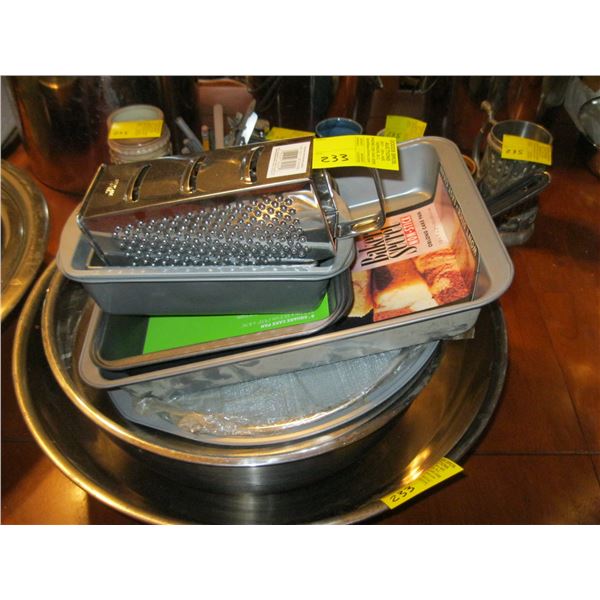 LARGE MIXING BOWLS, BAKING PANS, GRATER, ETC.