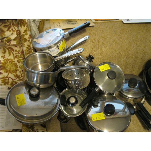 LARGE LOT OF ASSORTED STAINLESS POTS & PANS