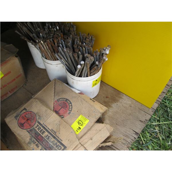 BOX & 3 PAILS OF LARGE 8" SPIKES