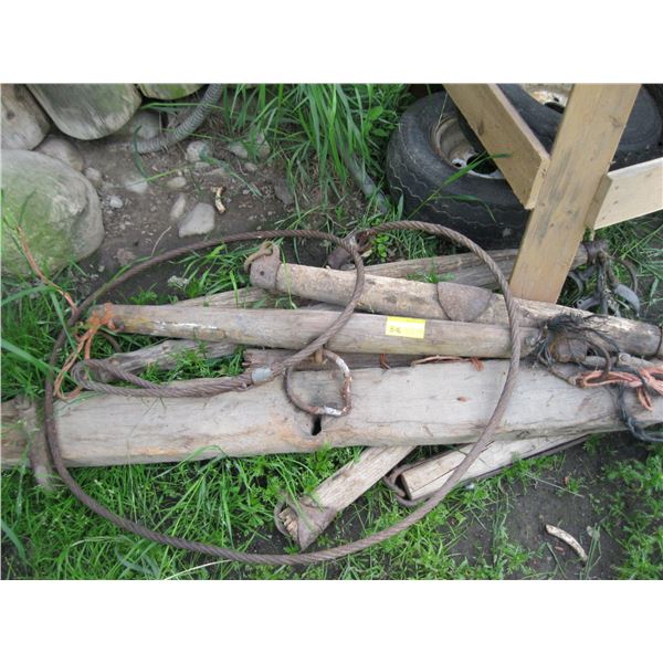 LOT OF WOODEN SINGLE TREES & DOUBLE TREES CABLE, ETC.