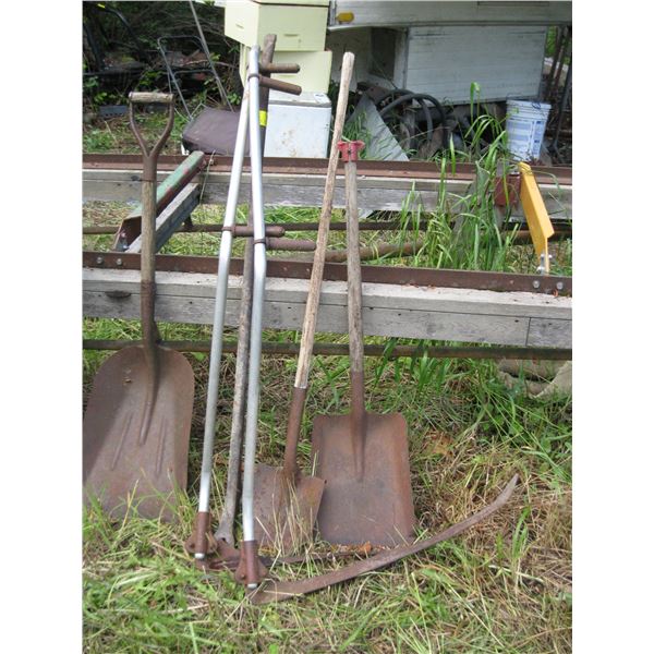 LOT OF MISC. - GARDEN TOOLS, RAILWAY TIEBAR