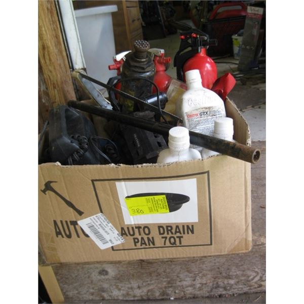 BOX OF MISC. - FIRE EXTINGUISHER, JACKS, AIR MINI COMPRESSORS, ETC.