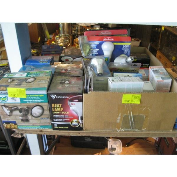 LARGE LOT OF ASSORTED LIGHT BULBS, HEAT LAMPS, MOTION SECURITY LIGHTS, ETC.