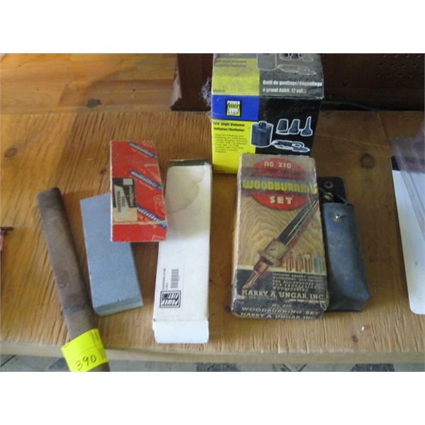 LOT OF MISC. - SHARPENING STONES, 12V INFLATOR, WOOD BURNING TOOL, ETC.