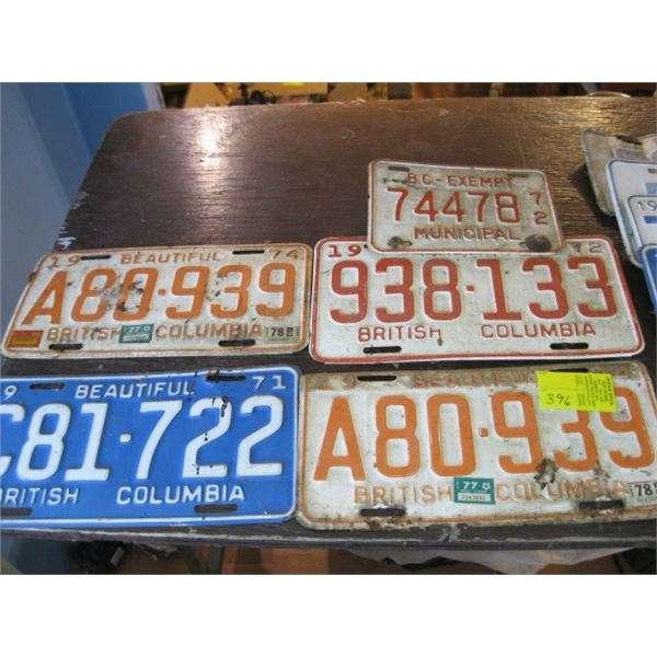 LOT OF BC LICENCE PLATES - 72, PAIR OF 74S, 71