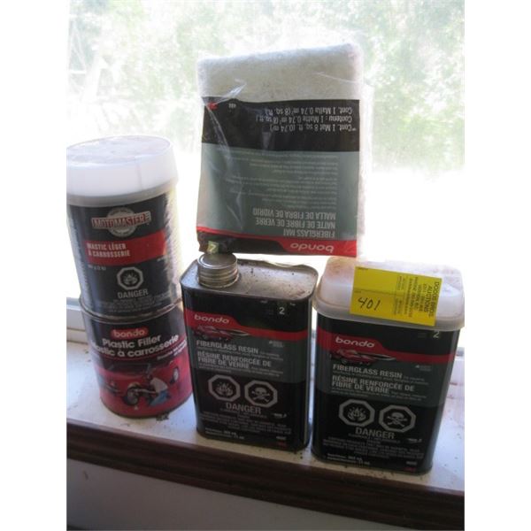 LOT OF FIBREGLASS RESIN, PLASTIC BONDO FILLER, ETC.