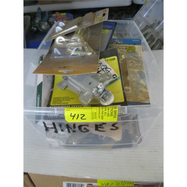 PLASTIC BIN OF ASSORTED HINGES, PAD BOLTS, ETC.