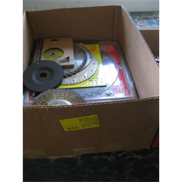 BOX OF MISC. - SAW BLADES, AIR BRUSH, CUTTING BLADES, ETC.