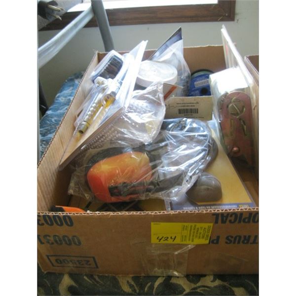 BOX OF MISC. - NEW ITEMS - TIE DOWN STRAP, PRESSURE GAUGE, EAR MUFFS, ETC.