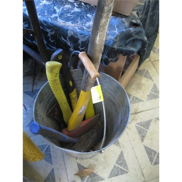 METAL BUCKET WITH ASSORTED AXES, HATCHETS, ETC.