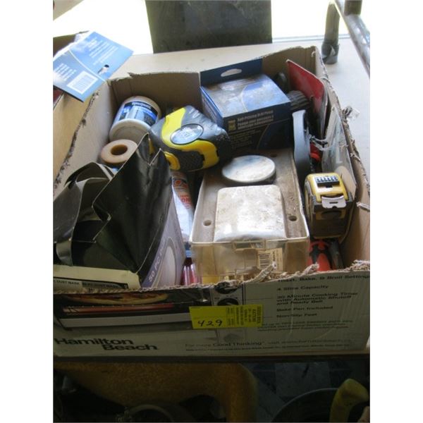 BOX OF MISC. - NEW ITEMS - AIR FITTINGS, MASKS, DRILL PUMP, ETC.