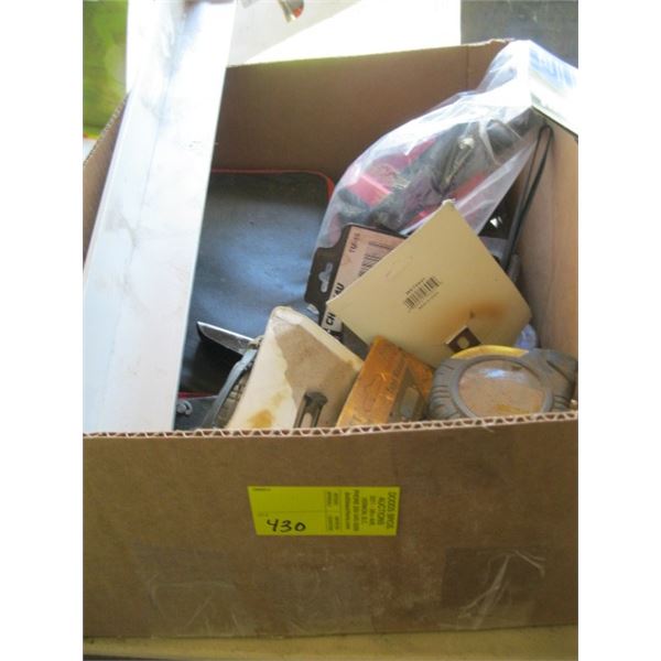 BOX OF MISC. - TAPE MEASURES, FANS, MINI BRAKE, ETC.