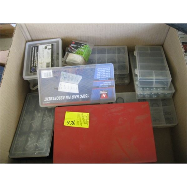 BOX OF MISC. - NEW - SMALL CONTAINERS OF ASSORTED ITEMS - NUTS, HOSE CLAMPS, RIVETS, ETC.