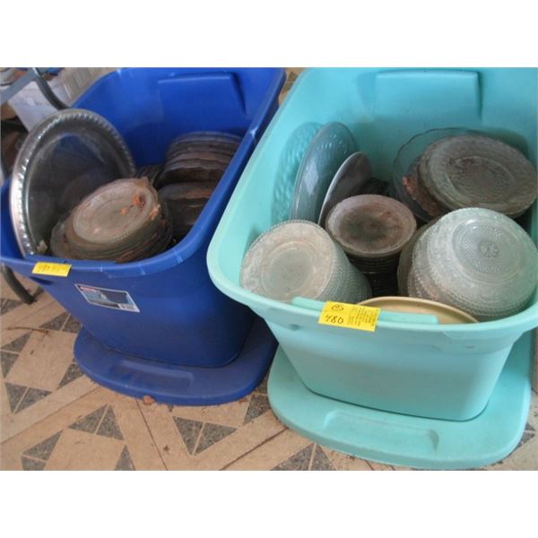 TWO BINS OF MISC. GLASS DISHES