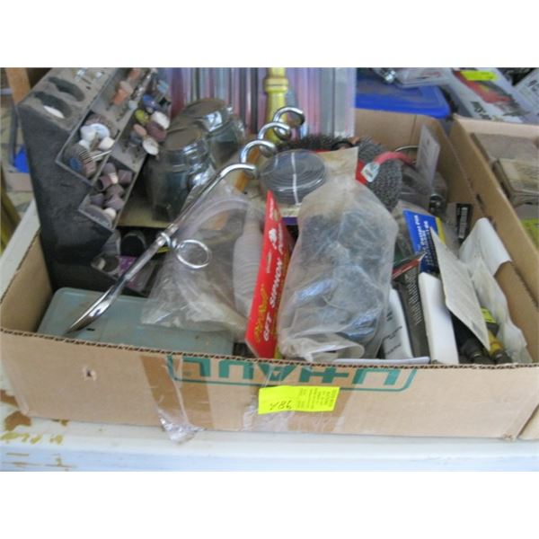 BOX OF MISC. - WELDING GOGGLES, TILES, DRILL BITS, ETC.