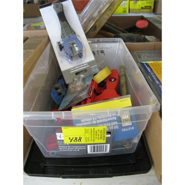 PLASTIC BIN OF MISC. - TUBING CUTTERS, ETC.