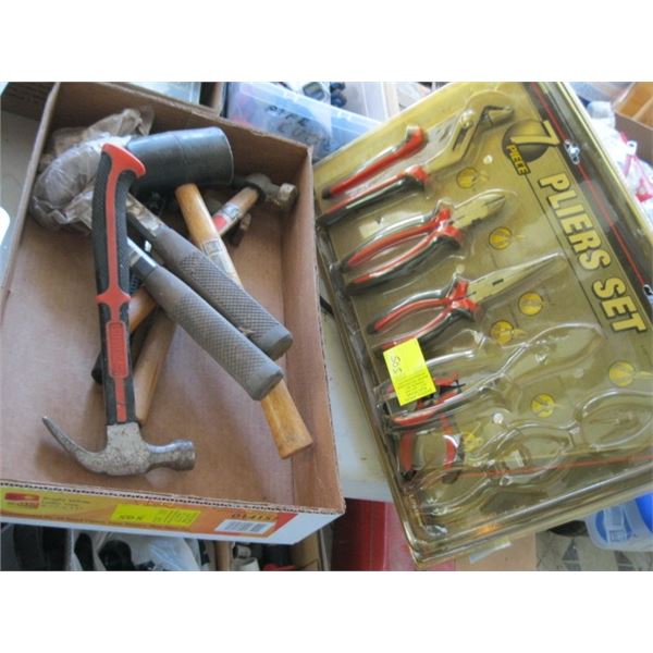 BOX OF ASSORTED HAMMERS & A PART PLIER SET