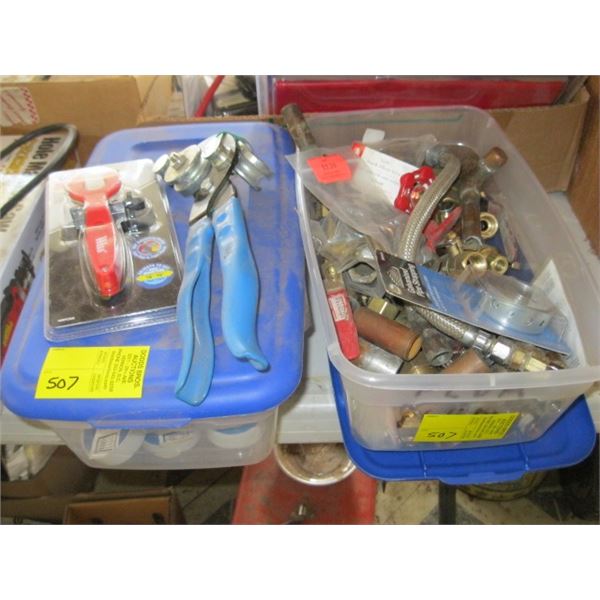 2 BINS OF MISC. - PLUMBING SUPPLIES, VALVES, PIPE ENDING, CUTTING TOOLS, ETC.