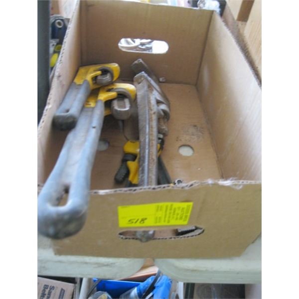 BOX OF MISC. - PIPE WRENCHES