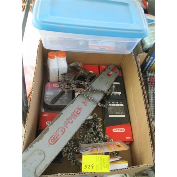 BOX WITH ASST. CHAINSAW, CHAINS, SPARKPLUGS, ETC.