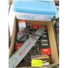 Image 1 : BOX WITH ASST. CHAINSAW, CHAINS, SPARKPLUGS, ETC.