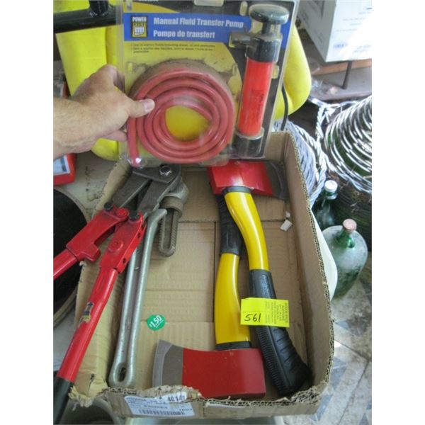 BOX OF MISC. FLUID TRANSFER PUMP, CRIMPERS, NEW HATCHETS, ETC.