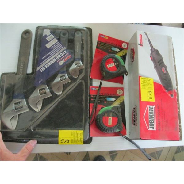 2 TAPE MEASURES, A NEW ROTARY TOOL KIT & A 4 PIECE CRESCENT WRENCH KIT