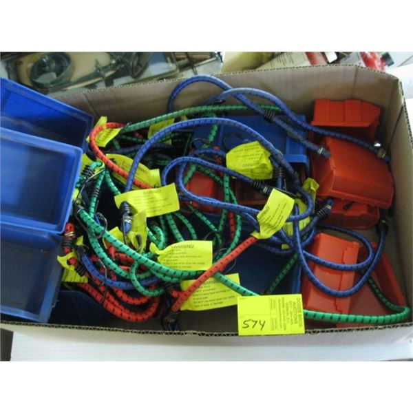 BOX OF MISC. BUNGEE CORDS & PLASTIC HOLDERS