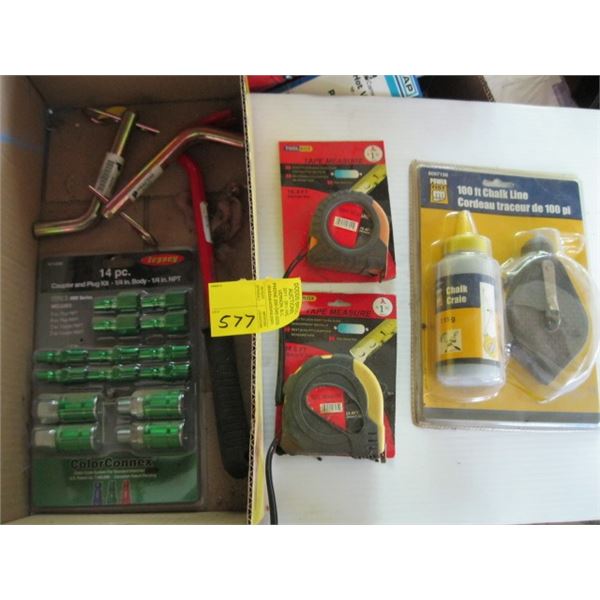 BOX OF MISC. TAPE MEASURES, CHALKLINE, TRAILER PINS, ETC.