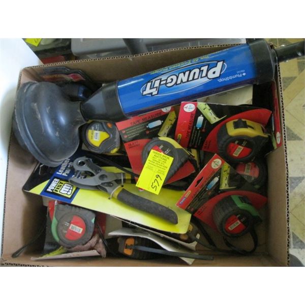 MISC. MOSTLY TAPE MEASURES, LEATHER PUNCH, UNPLUG IT KIT