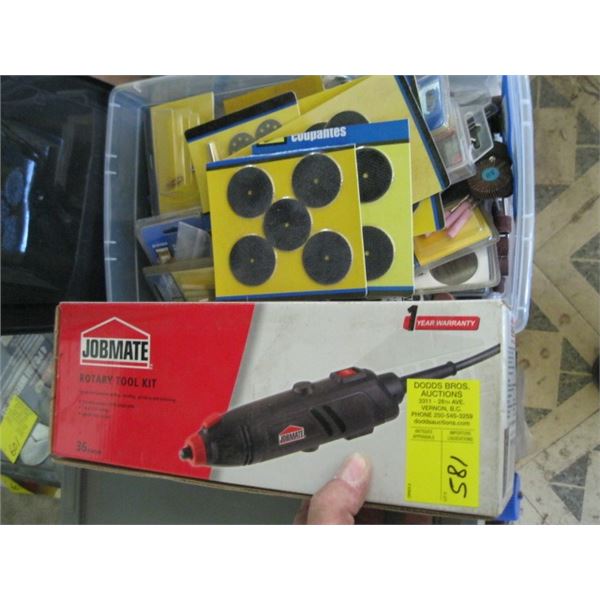 NEW JOBMATE ROTARY TOOL KIT & PLASTIC CONTAINER OF ASST. ROTARY BITS, SANDER PADS, ETC.