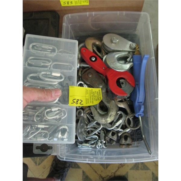 PLASTIC BIN OF MISC. CHAIN HOOKS, CLEVICES, ETC.