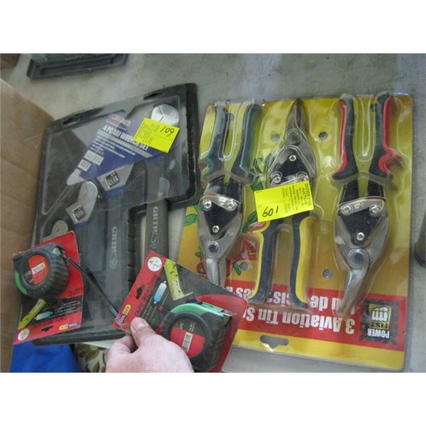 4 PIECE CRESCENT WRENCH SET, 3 PIECE AVIATION TIN SNIP SET & 2 TAPE MEASURES