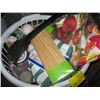Image 2 : BASKET OF MISC. TABLECLOTHS & 3 PLASTIC CONTAINERS OF MISC. SMOKE ALARMS, ETC.