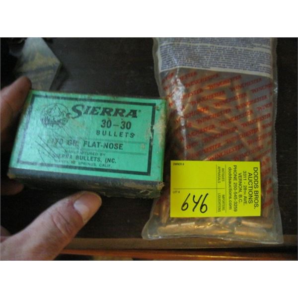 BOX OF SIERRA .30 CALIBER BULLETS & BAG OF WINCHESTER .30 CALIBER BULLETS