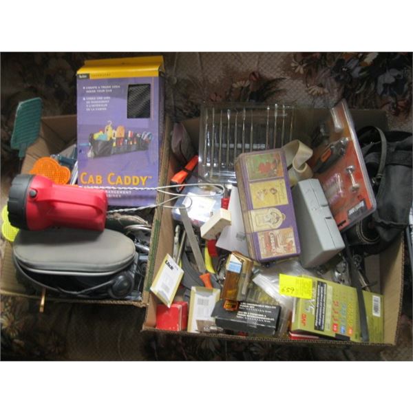 2 BOXES OF MISC. ROTARY TOOLKIT, CD PLAYER, ELECTRICAL TERMINAL KIT, OUTDOOR PLUGS, ETC.