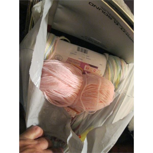 2 BOXES OF MISC. WOOL, KNITTING SUPPLIES, ETC.