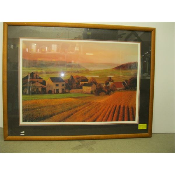 FRAMED LARGE PICTURE OF BUILDINGS AND WHEAT FIELDS