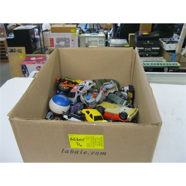 BOX OF ASSORTED KIDS TOY CARS, ETC.