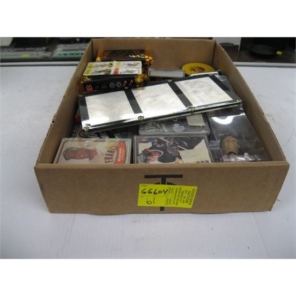 FLAT OF ASSORTED SPORTS CARDS, SPORTS FIGURINES, ETC.