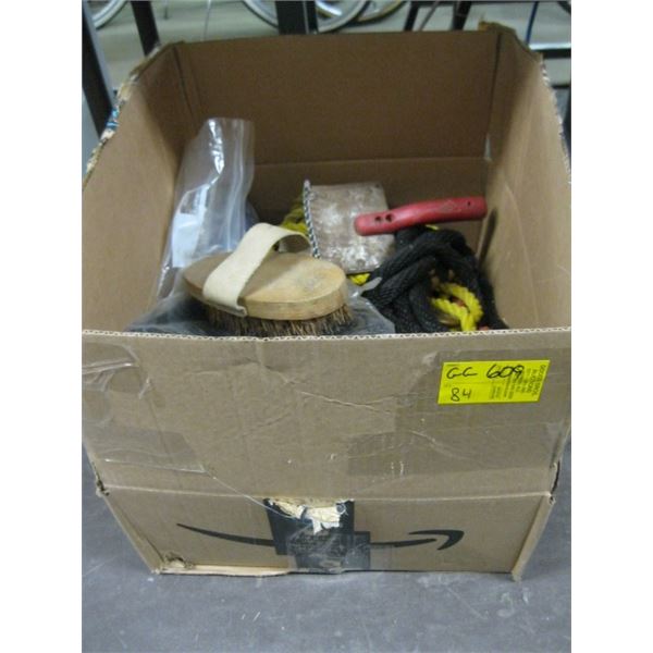 BOX OF ROPE & ASSORTED HORSE CARE PRODUCTS