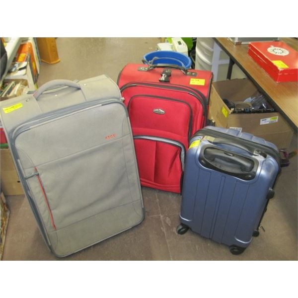 RED SUITCASE, GREY SUITCASE & BLUE ROLLING SUITCASE