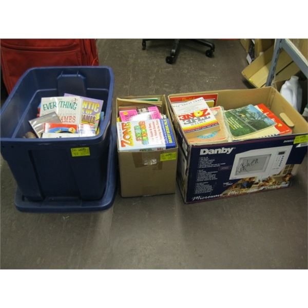 BOX OF ASSORTED PUZZLE BOOKS, GAMES, ETC. &2 BOXES OF BOOKS